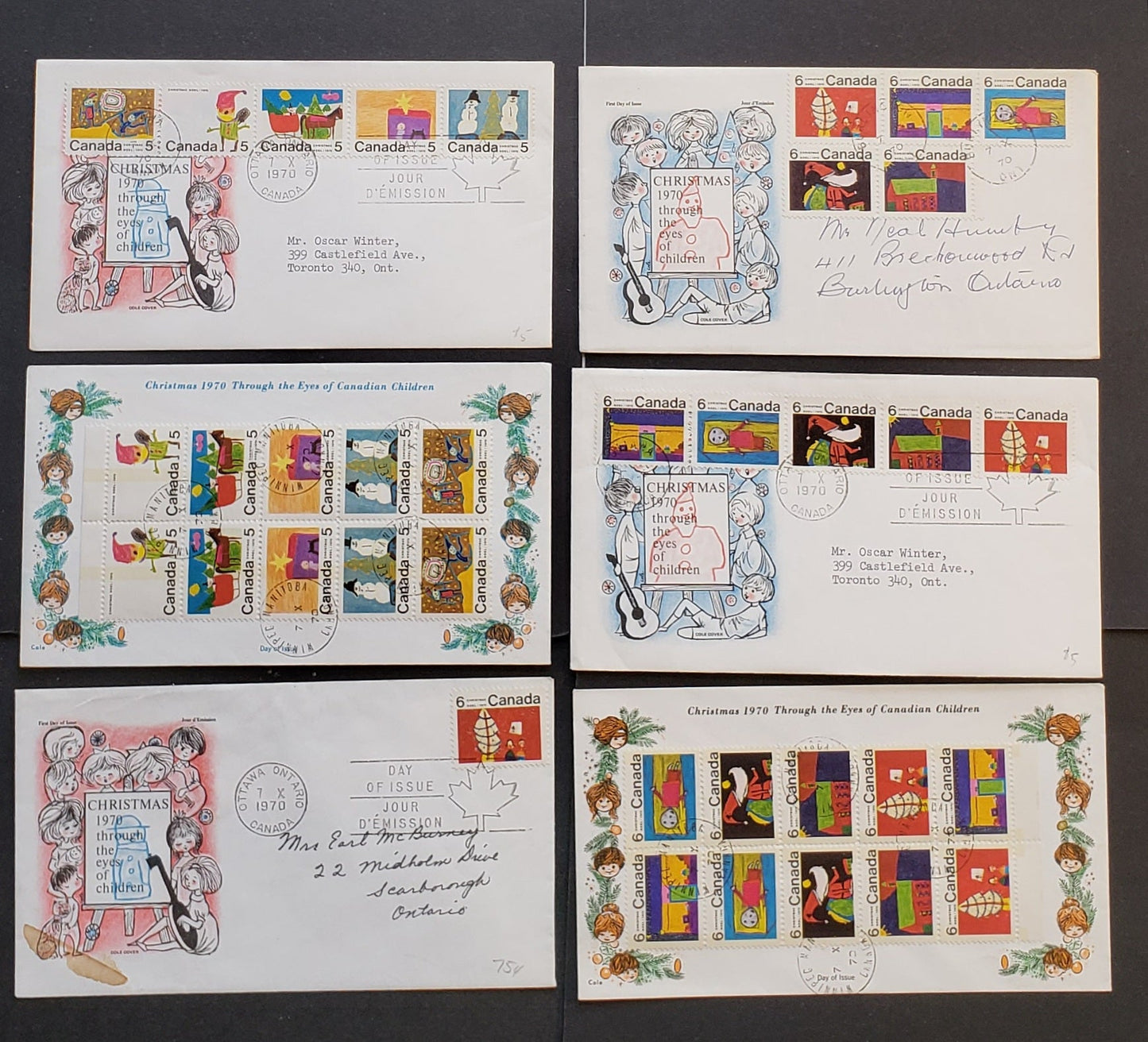 Lot 73 Canada #519-523, 519p-523p, 524-528, 525, 524p-528p, 529, 530 5c-15c Multicoloured Various Designs 1970 Christmas Issue, 9 Cole First Day Covers Franked With Strips, Blocks, Singles Tagged & Untagged, HF & HB  Paper,  Cat. Value $39