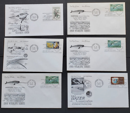 Lot 82 Canada #478-480ii, 481-i, 482-483 5c Multicolored Various Subjects 1968 Commemoratives, 9 Rosecraft FDC's Franked With Singles, DF, HB Papers, Cat. Value $25.5