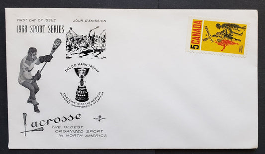 Lot 86 Canada #483 5c Yellow, Black & Red Lacross Players 1968 Lacross, A Rosecraft FDC's Franked With Single, DF Paper,  Missing Cancel, Cat. Value $10
