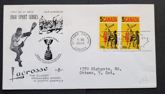 Lot 87 Canada #483i 5c Yellow, Black & Red Lacross Players 1968 Lacross, A Rosecraft FDC's Franked With Pair, DF Paper,  Showing Kiss Print Doubling Of Red, Cat. Value $100