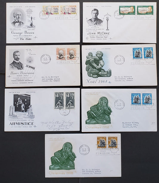 Lot 89 Canada #484-489 5c-15c Multicolored Various Subjects 1968 Commemoratives, 7 Rosecraft FDC's Franked With Pairs, Different Cachets, DF, HF and HB Papers,  Five Addressed, Cat. Value $14