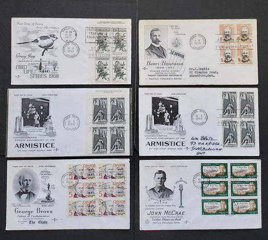 Lot 90 Canada #478, 484-489 5c-15c Multicolored Various Subjects 1968 Commemoratives, 8 Rosecraft FDC's Franked With Inscription Blocks & Blocks, DF, HF and HB Papers,  Three Addressed, Cat. Value $37.6