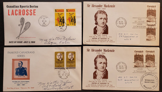 Lot 9 Canada #483, 491, 516 5c-6c Multicoloured Various Designs 1968-1970 Lacrosse - Mackenzie, 4 Unknown First Day Covers Franked With Pairs, Type A Cachets, HB, HF, DF-fl, HF, HB Paper,  Cat. Value $16