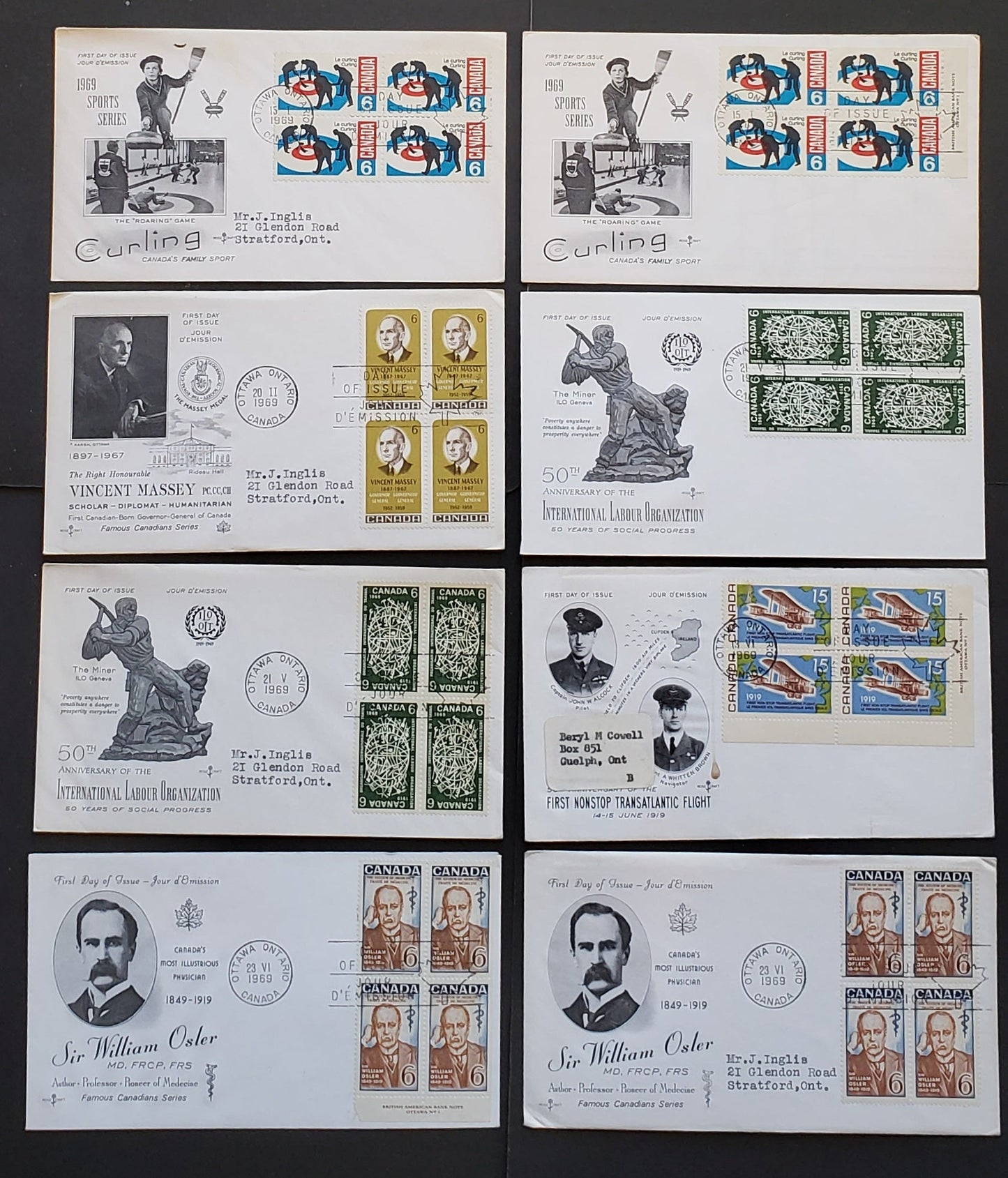 Lot 92 Canada #490-491, 493-i, 494, 495-i 6c-50c Multicolored Various Subjects 1969 Commemoratives, 10 Rosecraft FDC's Franked With Singles, LF-fl, DF, HB Papers,  One Addressed, Cat. Value $27.75