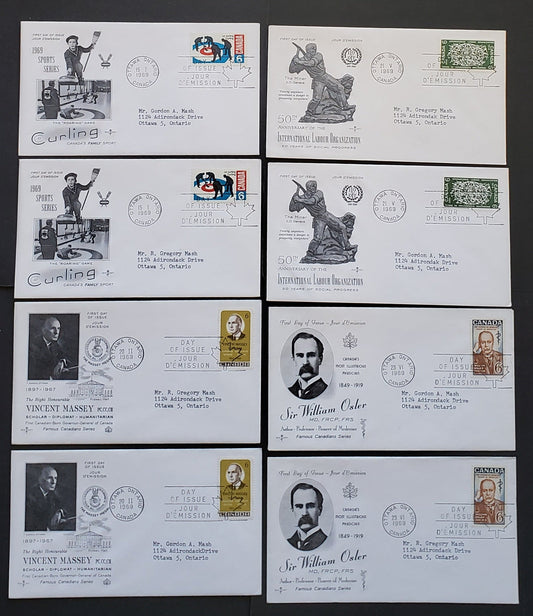 Lot 93 Canada #490-495 6c-50c Multicolored Various Subjects 1969 Commemoratives, 10 Rosecraft FDC's Franked With Singles, LF-fl, DF, HB Papers,  One Addressed, Cat. Value $27.75