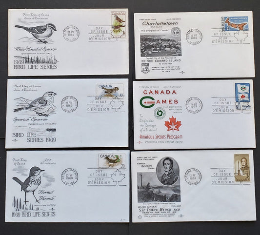 Lot 94 Canada #496-504 6c-25C Multicolored Various Subjects 1969 Commemoratives, 12 Rosecraft FDC's Franked With Singles & Combo, HB, HF and DF Papers,  Featuring Tagged Papers Varieties, Cat. Value $25