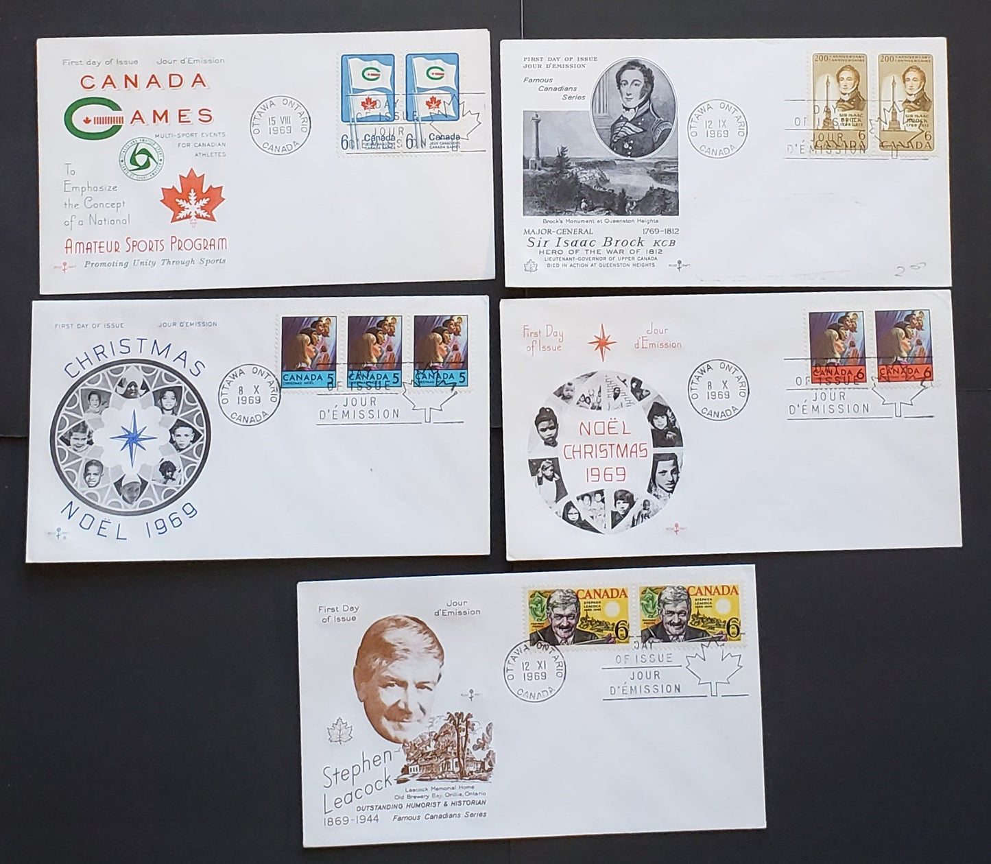 Lot 95 Canada #493, 495-i, 496, 499, 500-504 5c-6c Multicolored Various Subjects 1969 Commemoratives, 10 Rosecraft FDC's Franked With Pairs, HB, HF and DF Papers, Cat. Value $28