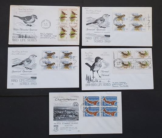 Lot 96 Canada #496-502, 504 5c-25c Multicolored Various Subjects 1969 Commemoratives, 10 Rosecraft FDC's Franked With Blocks & Inscription Blocks, HB, HF and DF Papers, Cat. Value $40.35