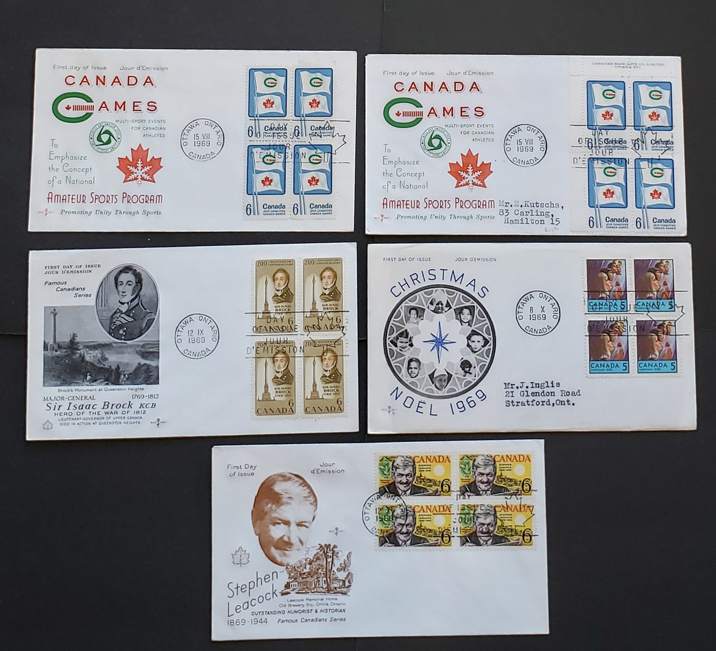 Lot 96 Canada #496-502, 504 5c-25c Multicolored Various Subjects 1969 Commemoratives, 10 Rosecraft FDC's Franked With Blocks & Inscription Blocks, HB, HF and DF Papers, Cat. Value $40.35