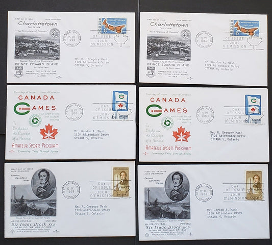 Lot 97 Canada #499i-504 5c-6c Multicolored Various Subjects 1969 Commemoratives, 10 Rosecraft FDC's Franked With Blocks & Inscription Blocks, HB, HF and DF Papers, Cat. Value $40.35