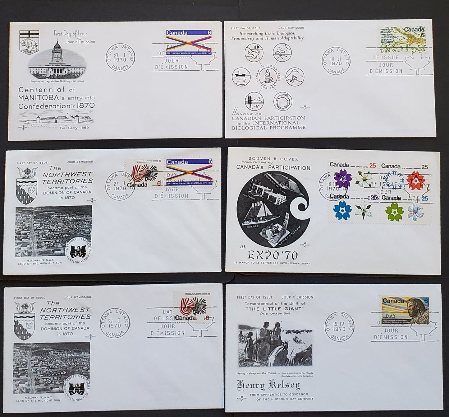 Lot 98 Canada #505-512 6c-25c Multicolored Various Subjects 1970 Commemoratives, 6 Rosecraft FDC's Franked With Singles, Pairs & Blocks, DF, DF-fl, HF and HB Papers,  Unaddressed, Cat. Value $30