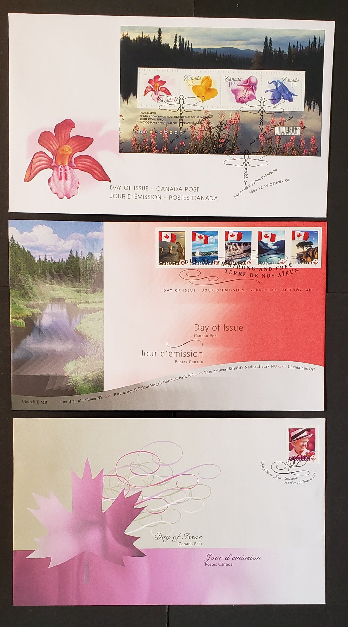 Canada #2188-2194 p (52c) Multicoloured Queen Elizabeth II & Flags 2006 Flower/Flag Definitives, 3 Canada Post First Day Covers Franked With Singles HB Envelopes, Cat. Value $20.3