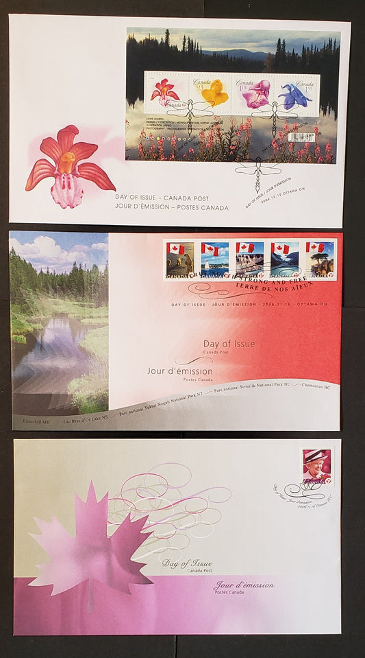 Canada #2188-2194 p (52c) Multicoloured Queen Elizabeth II & Flags 2006 Flower/Flag Definitives, 3 Canada Post First Day Covers Franked With Singles HB Envelopes, Cat. Value $20.3