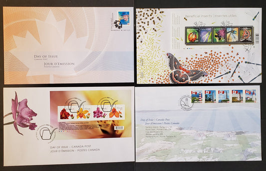 Canada #2238a, 2243, 2248-53 p-$1.60 Multicoloured Various Subjects 2007 Flower/Flag Definitives, 4 Canada Post First Day Covers Franked With Strips, Souvenir Sheets & Singles HB Envelopes, Cat. Value $23.55