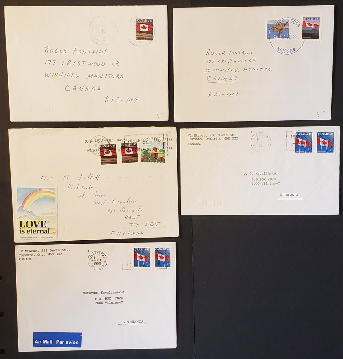 Lot 126 Canada #1356/1361xii 42c-45c Flag and Queen Elizabeth II Stamps, Group of 8 Domestic and Foreign Airmail Covers With A Variety of Usages