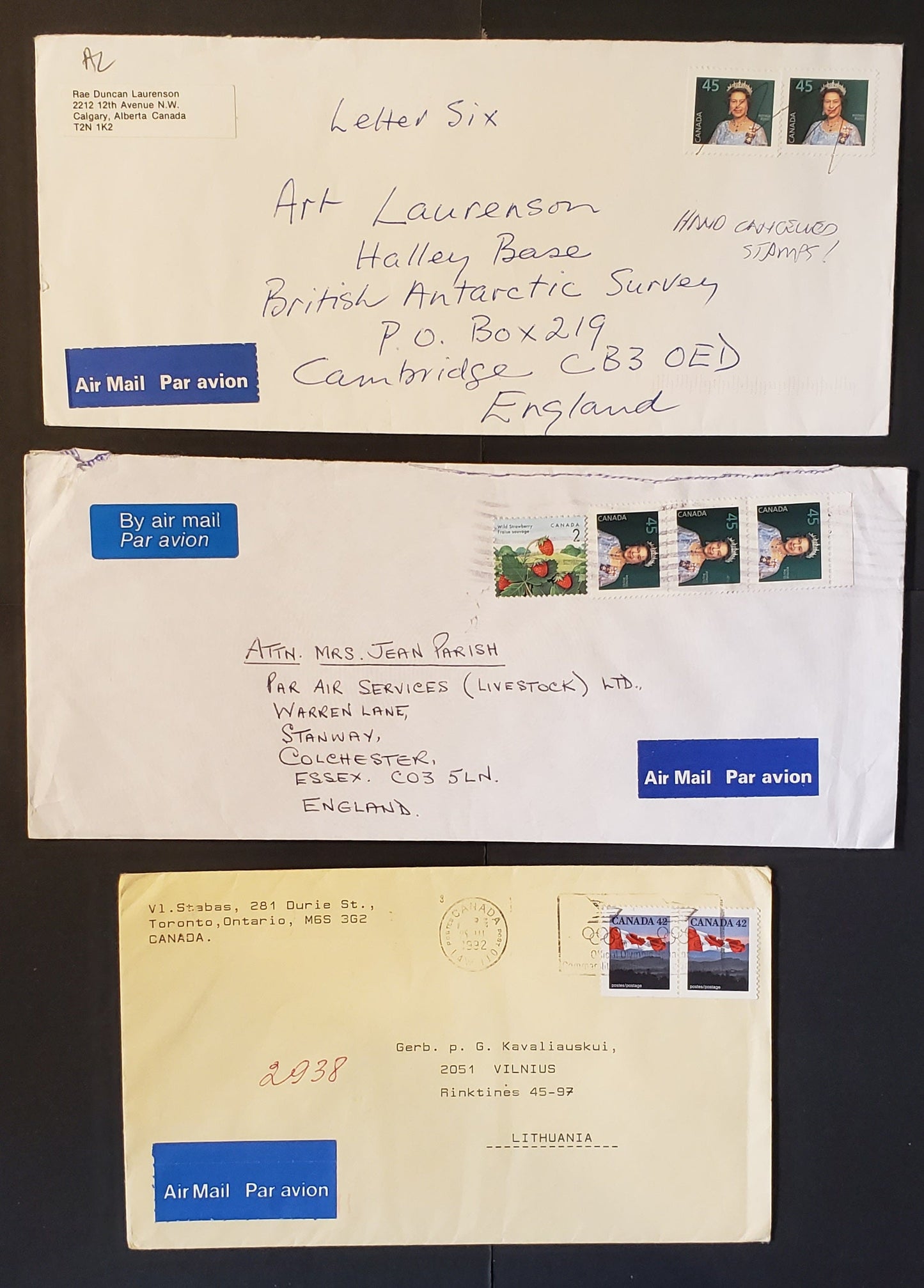 Lot 126 Canada #1356/1361xii 42c-45c Flag and Queen Elizabeth II Stamps, Group of 8 Domestic and Foreign Airmail Covers With A Variety of Usages