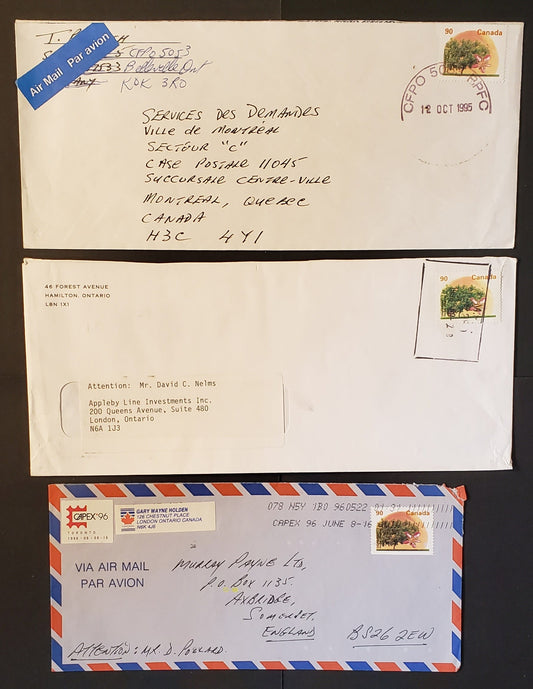 Canada #1374, 1374a, 1374i 90c Elberta Peach, Single Usage on Two Domestic Oversize Covers and One Airmail Cover to UK