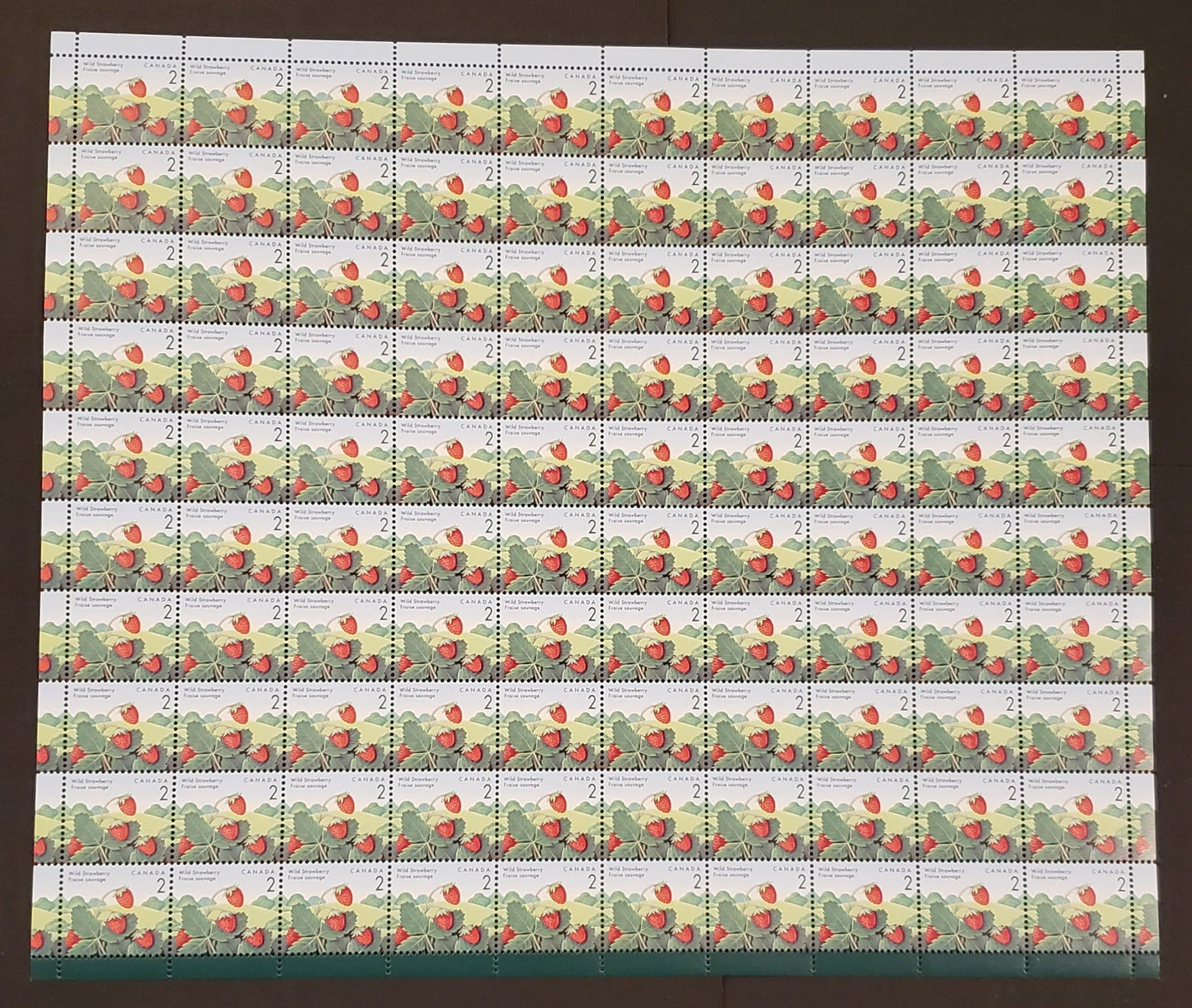 Canada #1350ii,v-vii 2c Multicoloured Wild Strawberry, 1992 Edible Berry Definitives, Field Stock Sheet Stock Sheet Of 100, NF/DF Coated Paper, CBN Printing, , Unfolded,  Unitrade Cat. As Singles $99.25, Without Listed Varieties