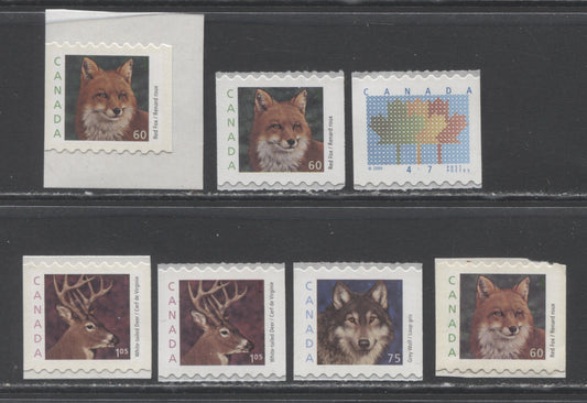 Lot 38 Canada #1878-1881ii 47c-$1.05 Multicolored Maple Leaf - White Tailed Deer, 2000 Medium Value Wildlife Definitives, 7 VFNH Booklet & Coil Singles On LF, DF & NF Papers