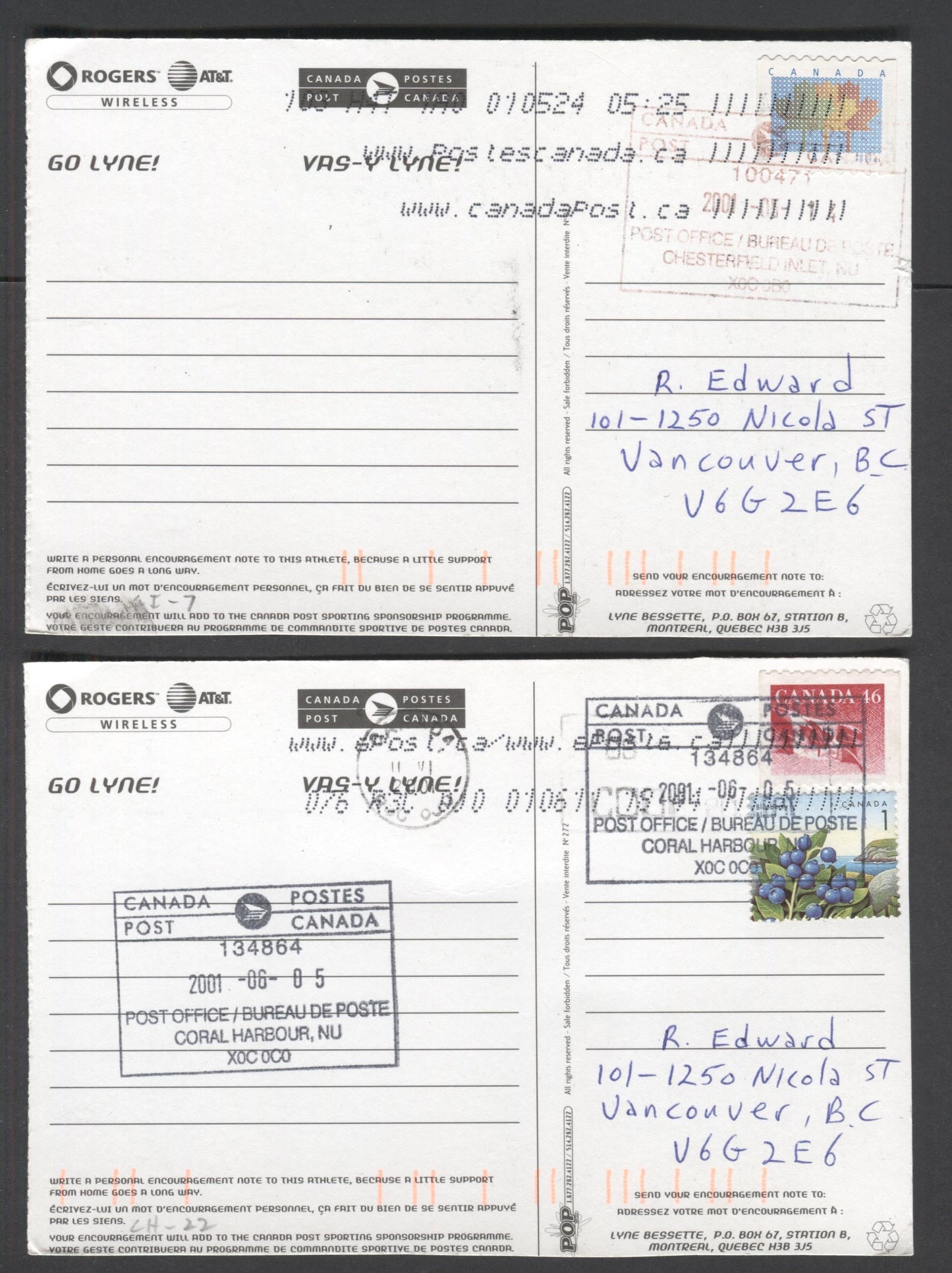 Canada #1349, 1978, 1695 1c-47c Multicolored Blueberries - Flags, 1992-2000 Definitives, 6 Very Fine Postcards With Various Nunavut Cancels