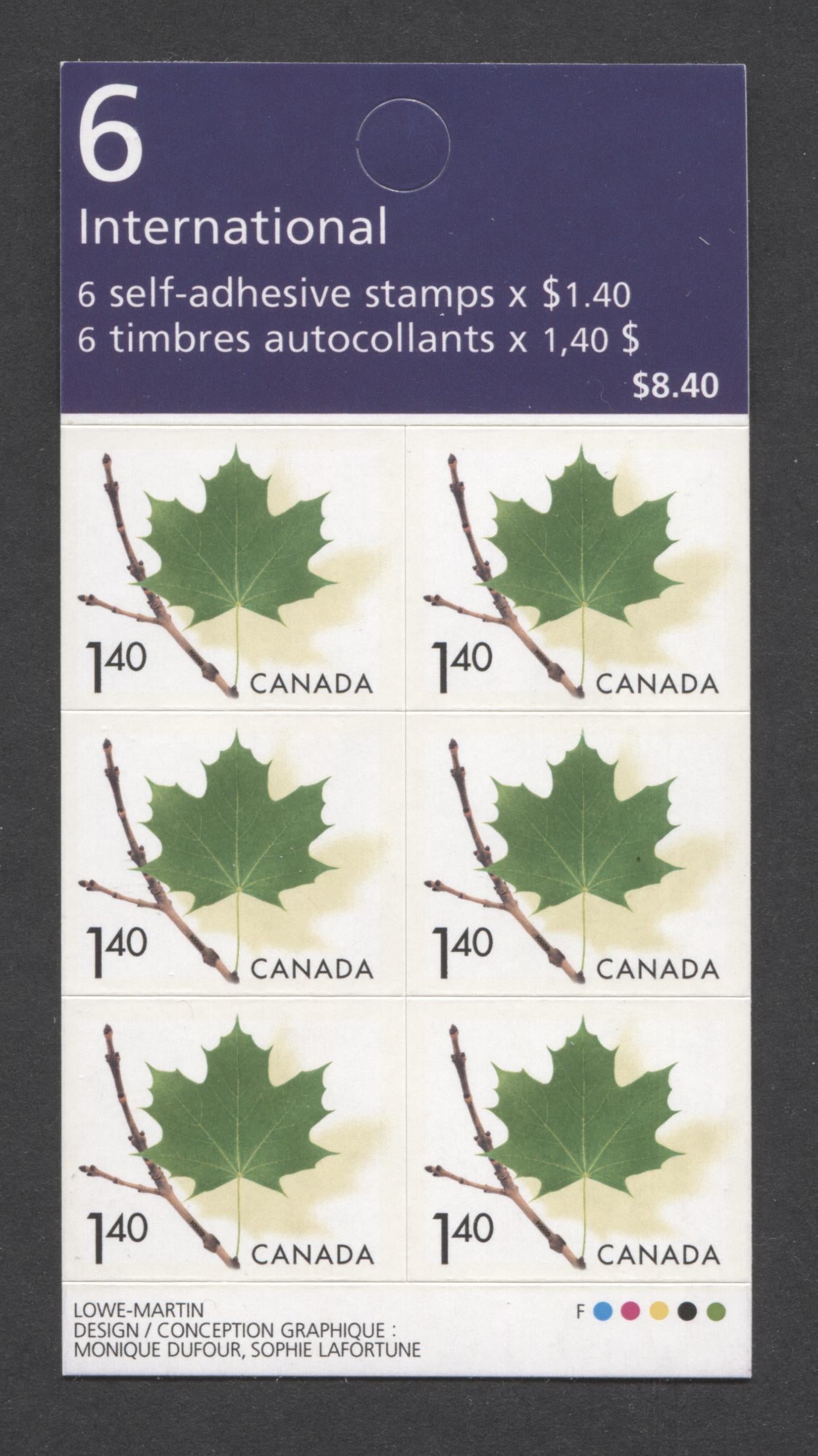 Canada #BK283Aa $1.40 Multicolored Maple Leaf On Twig, 2003 Leaf/Wildlife Booklets, A VFNH Booklet Of 6 On DF Fasson Paper, Lowe-Martin Philatelic Reprint, HF Cover, Barcode Ending In '3106 9'