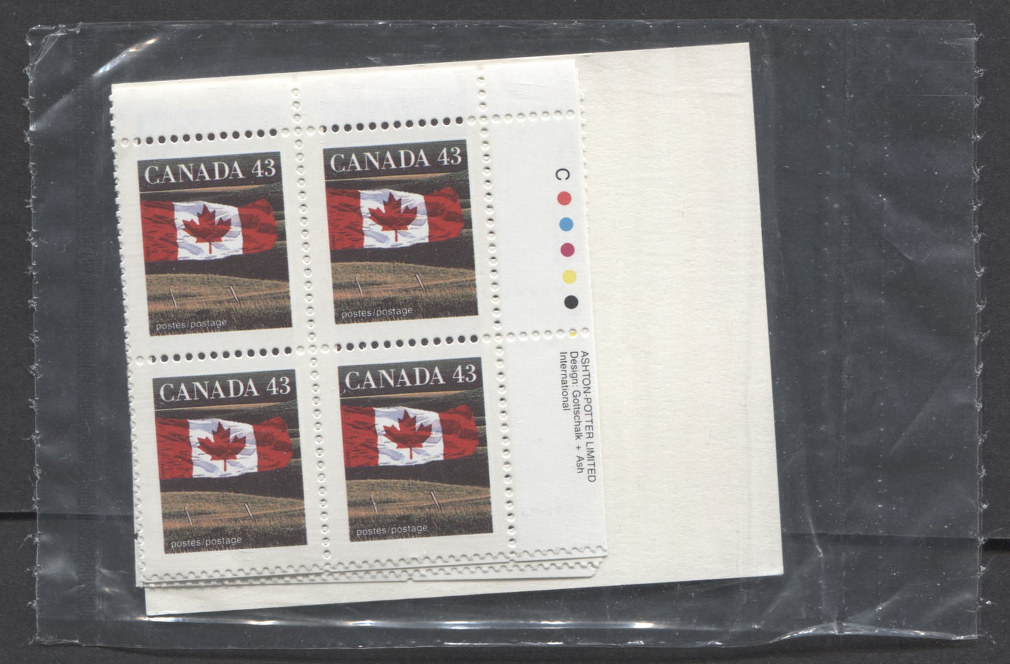 Lot 35 Canada #1359 43c Multicoloured 1992 Domestic First-Class Rate Issue, Canada Post Sealed Pack of Inscription Blocks, Ashton Potter Printing On DF CPP Paper, With HB Type 6A Insert Card, VFNH, Unitrade Cat. $25