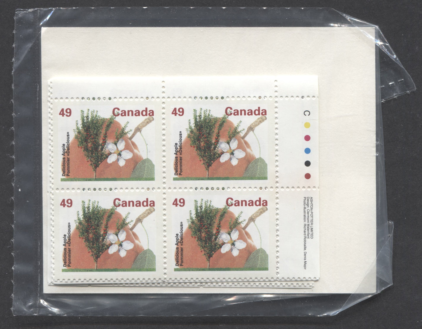 Lot 46 Canada #1364 49c Multicoloured 1992 Fruit Tree Definitive Issue, Canada Post Sealed Pack of Inscription Blocks, Ashton Potter Printing On NF/DF CPP Paper, With DF Type 6A Insert Card, VFNH, Unitrade Cat. $25