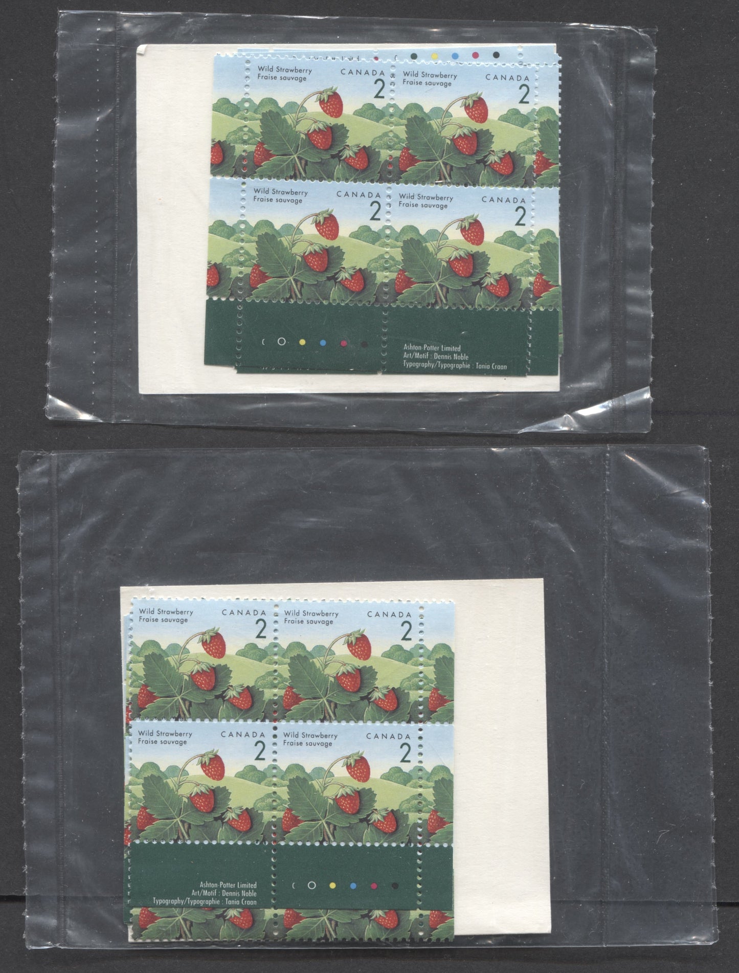 Lot 5 Canada #1350 2c Multicoloured 1992 - 1998 Edible Berries Definitive Issue, Canada Post Sealed Pack of Inscription Blocks, Ashton Potter Canada Printing On DF CPP Paper, With DF Type 5B Insert Card, VFNH, Unitrade Cat. $27.5