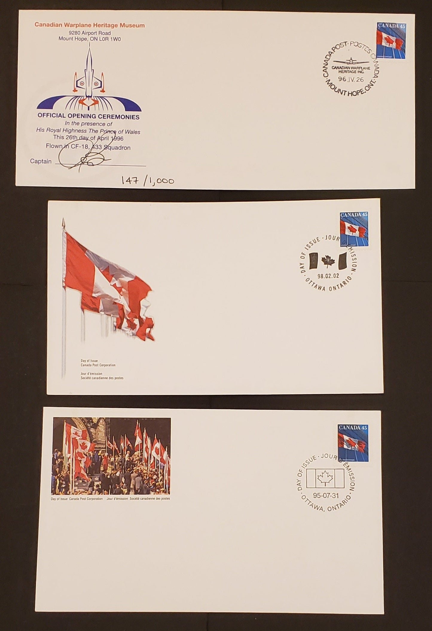 Lot 86 Canada #1361,c, 1362, S24a-c, S27 45c Multicoloured Flag 1995 Fruit/Flag, 7 Canada Post FDC's & Special Event Covers Franked With Singles, HB & DF Envelopes For Lester Pearson, Canadian Warplane Heritage Museum & Edmonton, Cat. Value $38