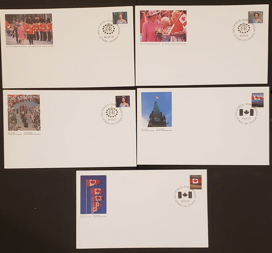 Lot 87 Canada #1356-1360 42c-45c Multicoloured Flags & Queen Elizabeth II 1995 Fruit/Flag, 5 Canada Post First Day Covers Franked With Singles MF & HF Envelopes, Cat. Value $6.9