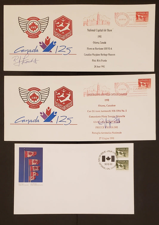 Canada #1388, 1394-1395 42c-43c Multicoloured Flags & Queen Elizabeth II 1991-1992 Fruit/Flag, 7 Canada Post First Day Covers Franked With Singles & Pairs, DF Paper, LF, MF & HF Envelopes, Cat. Value $9.3