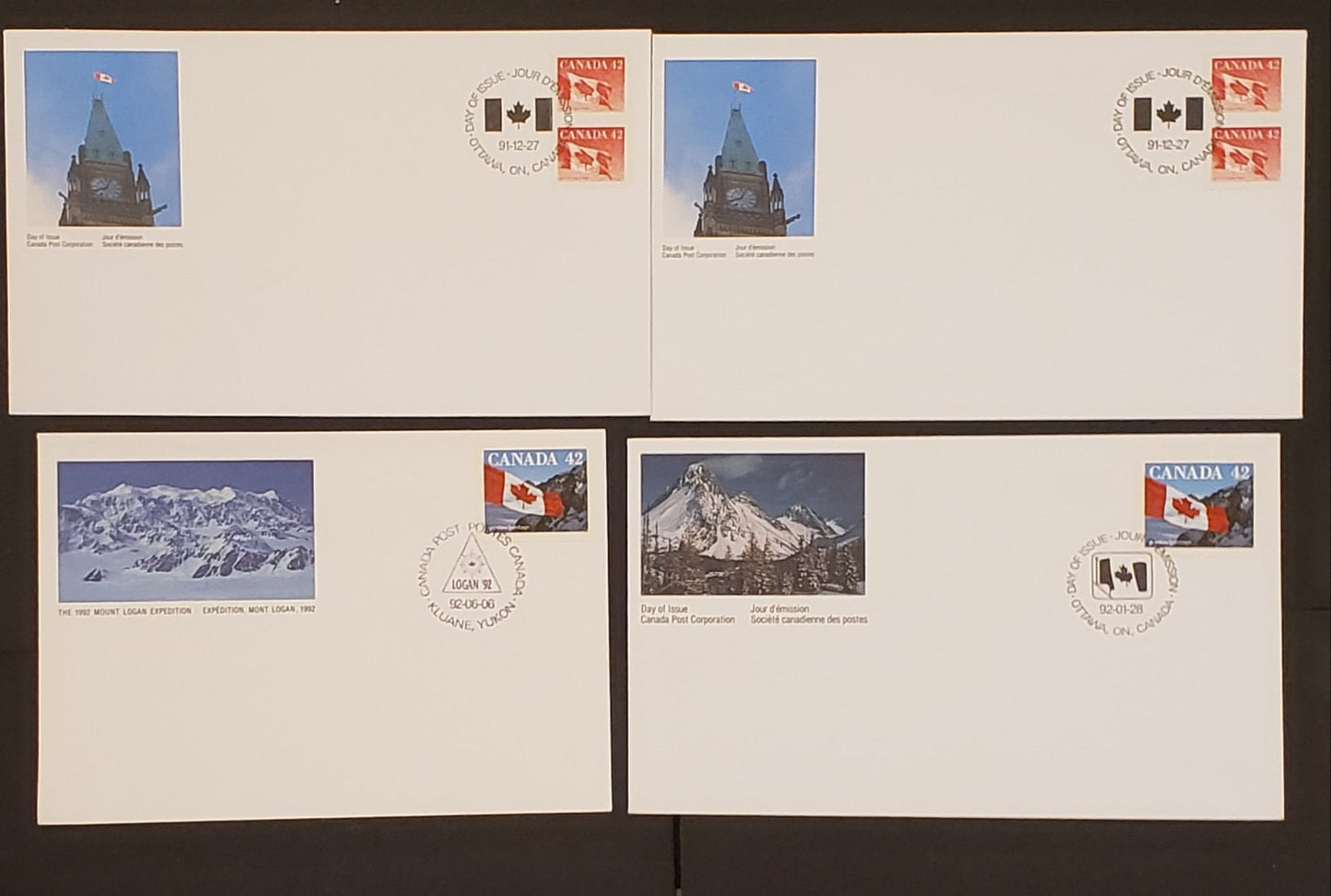 Lot 89 Canada #1388, 1394-1395 42c-43c Multicoloured Flags & Queen Elizabeth II 1991-1992 Fruit/Flag, 7 Canada Post First Day Covers Franked With Singles & Pairs, DF Paper, LF, MF & HF Envelopes, Cat. Value $9.3