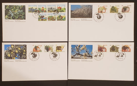 Lot 90 Canada #1349-1355, 1363-1374 1c-86c Multicoloured Edible Berry & Fruit Tree Definitives 1991-1995 Fruit/Flag, 7 Canada Post First Day Covers Franked With Singles, LF, F & DF Paper, LF, MF, HF, DF & DF-fl Envelopes, Cat. Value $29.65