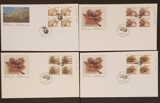 Lot 91 Canada #1363,1366, 1370, 1374 48c-90c Multicoloured Various Fruit Trees 1991-1995 Fruit/Flag, 4 Canada Post First Day Covers Franked With LR Inscription Blocks, DF & LF Paper, MF & DF Envelopes, Cat. Value $20.45