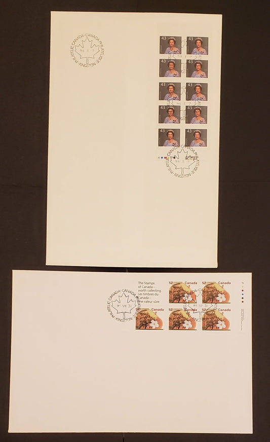 Lot 92 Canada #1366a, 1358aiv 45/90c Multicoloured Various Fruit Trees 1991-1995 Fruit/Flag, 2 Canada Post First Day Covers Franked With Booklet Panes, DF Harrison Paper, DF & HF Envelopes, Cat. Value $20