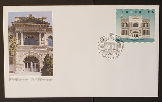 Canada #1378 $5 Blue Green & Multicolored Public Library, BC 1996 Fruit/Flag, 1 Canada Post First Day Covers Franked With Single, DF Paper, HB Envelopes, Cat. Value $10.6