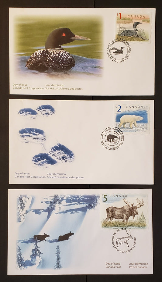 Lot 95 Canada #1687, 1690, 1693 $1-$5 Multicoloured Various Subjects 1998-2003 Wildlife Definitives, 3 Canada Post First Day Covers Franked With Singles, DF Paper, HB Envelopes, Cat. Value $19.75