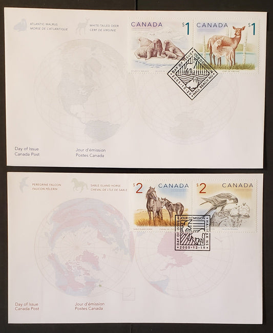 Lot 97 Canada #1688-1689, 1691-1692 $1-$2 Multicoloured Various Subjects 2005 Wildlife Definitives, 4 Canada Post First Day Covers Franked With Pairs, DF Paper, HB Envelopes, Cat. Value $16