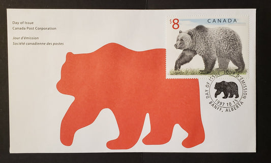 Lot 98 Canada #1694 8 Multicoloured Grizzly Bear 1997 Wildlife Definitives, A Canada Post First Day Cover Franked With a Single,  HB Envelope, Cat. Value $20