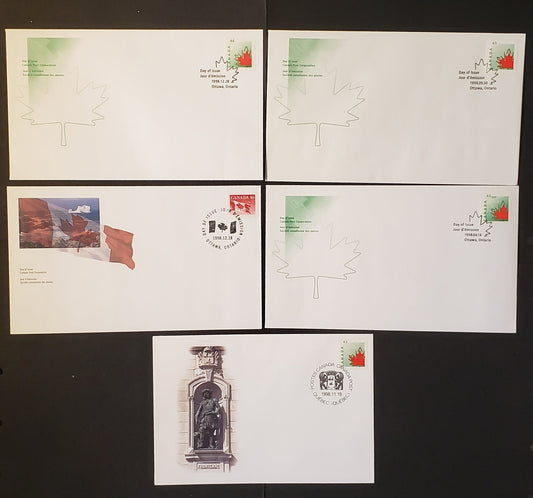 Lot 99 Canada #1695-1697, 1699, S34 45c-46c Multicoloured Maple Leaf & Flag 1998 Wildlife Definitives, 5 Canada Post First Day and Special Event Covers Franked With Singles, LF & HF Paper, HB & DF Envelopes, Cat. Value $9