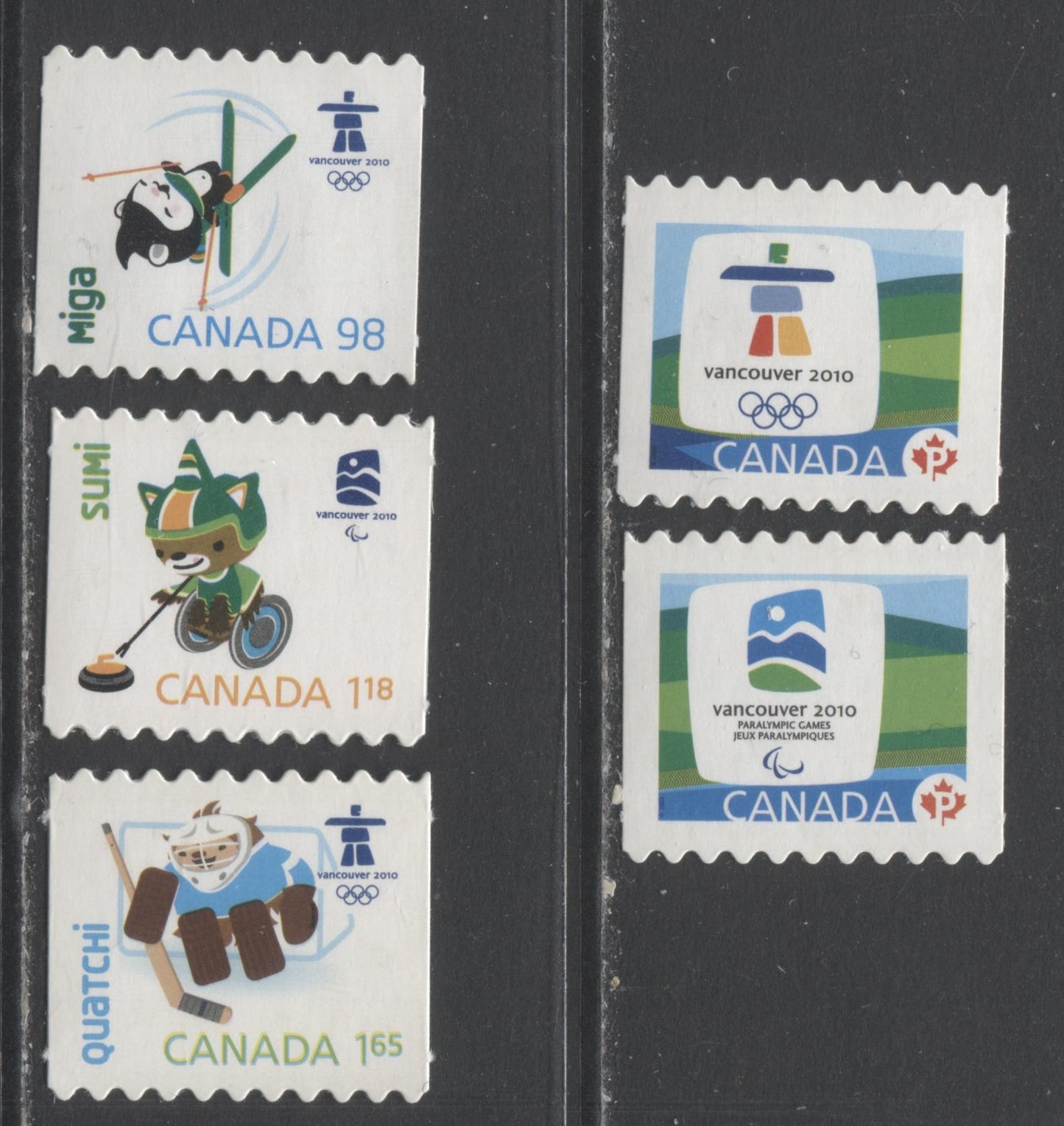 Lot 101 Canada #2307Ai,Bi,2308ii,2309ii,2310ii p(54c)-$1.65 Multicolored Olympic Emblems & Mascots, 2009 Olympic Definitives Coils & Booklets, 5 VFNH Coil Singles, Die Cut To Shape From Quarterly Packs