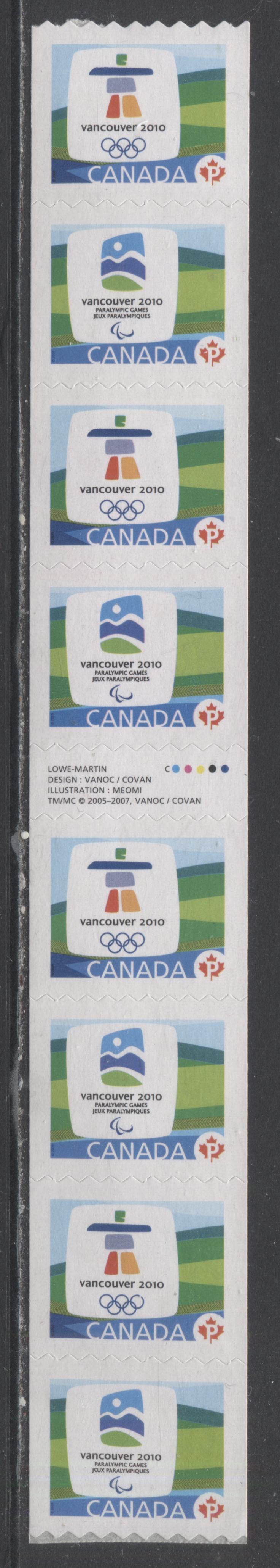 Lot 102 Canada #2307Biii P(54c) Multicolored Olympic Emblems & Mascots, 2009 Olympic Definitives Coils & Booklets, A VFNH Gutter Strip Of 8 Compound Die Cut On 2 & 3rd Stamps