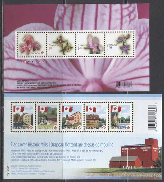 Lot 107 Canada #2350, 2356 P(57c)-$4.49 Multicolored Flag Over Mills & Flowers, 2010 Permanent & Flower Definitives, 2 VFNH Souvenir Sheets