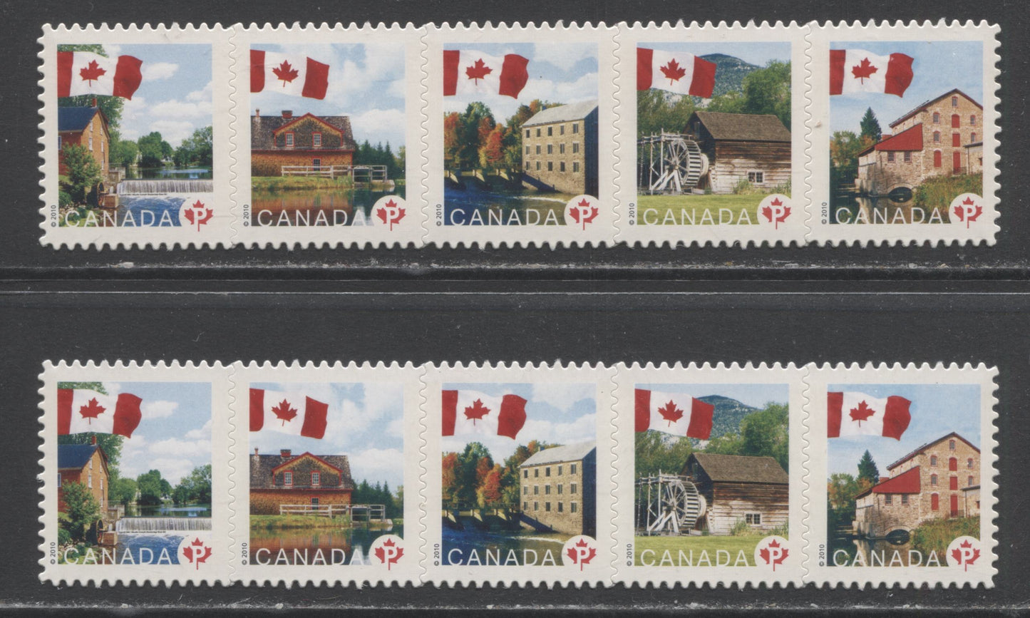 Lot 109 Canada #2355i P(57c) Multicolored Flags Over Mills, 2010 Permanents, 2 VFNH Strips Of 5, Die Cut To Shape On HF & HB Backing Papers