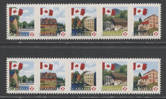 Lot 9 Canada #2355i P(57c) Multicolored Flags Over Mills, 2010 Permanents, 2 VFNH Strips Of 5, Die Cut To Shape On HF & HB Backing Papers