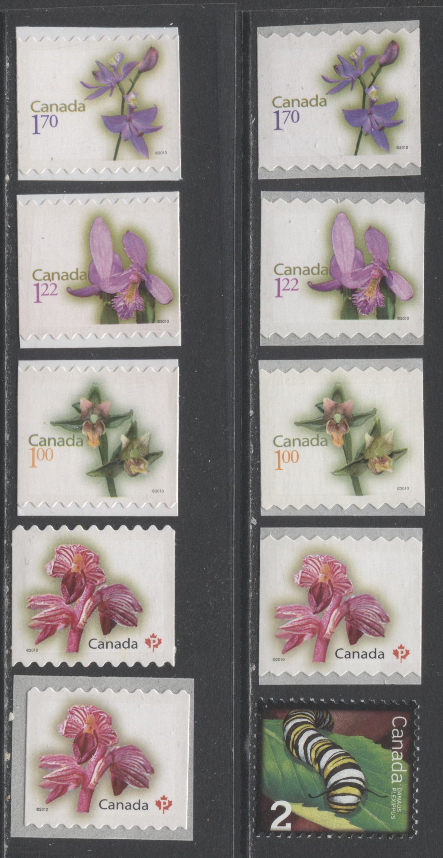 Lot 110 Canada #2328, 2357-2364 2c-$1.70 Multicolored Monarch Caterpillar - Grass Pink, 2010 Permanents, 9 VFNH Coil & Booklet Stamps Includes Die Cut To Shape #2361