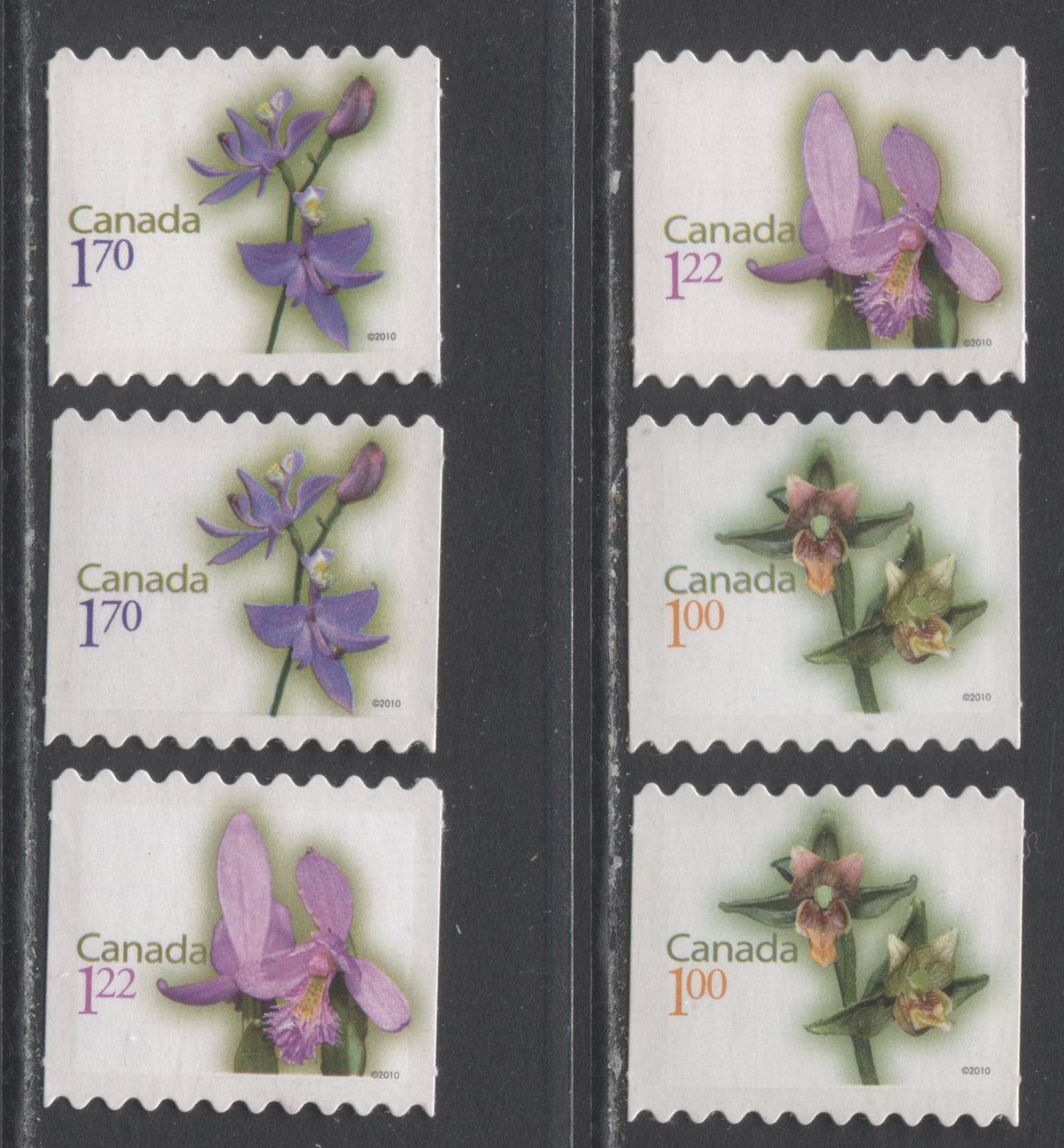 Lot 112 Canada #2362i-2364ii $1-$1.70 Multicolored Giant Helleborine-Grass Pink, 2010 Flower Definitives - Booklets, 6 VFNH Booklet Singles, Die Cut To Shape On DF & LF Papers
