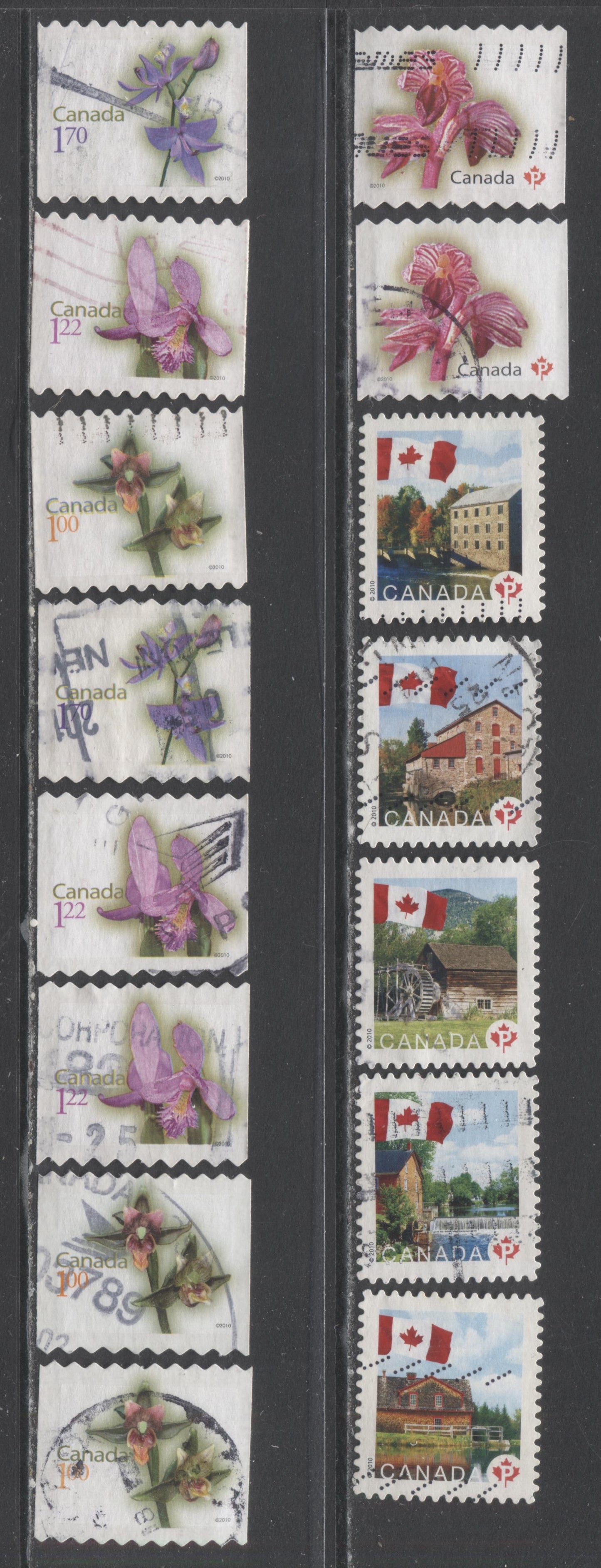 Lot 114 Canada #2351/2364 P(57c)-$1.70 Multicolored Flags & Flowers, 2010 Flag & Flower Definitives, 15 fine/very fine used singles Includes Most Compound Die Cuts Except 2360iii