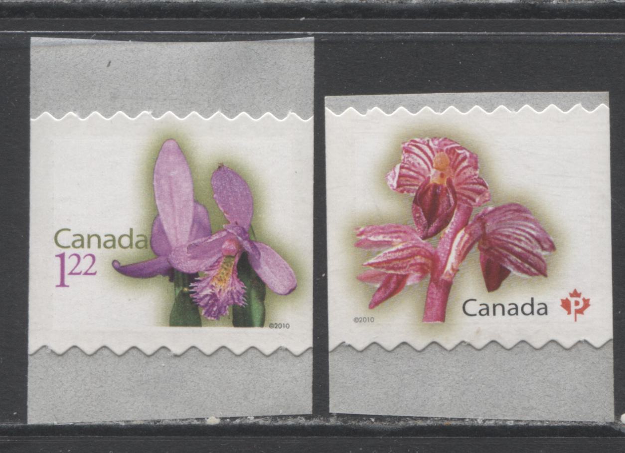 Lot 116 Canada #2357vi & 2359iii P(57c)-$1.22 Multicolored Striped Coralroot & Rose Pogonia, 2010 Flower Definitives, 2 VFNH Compound Die Cut Singles