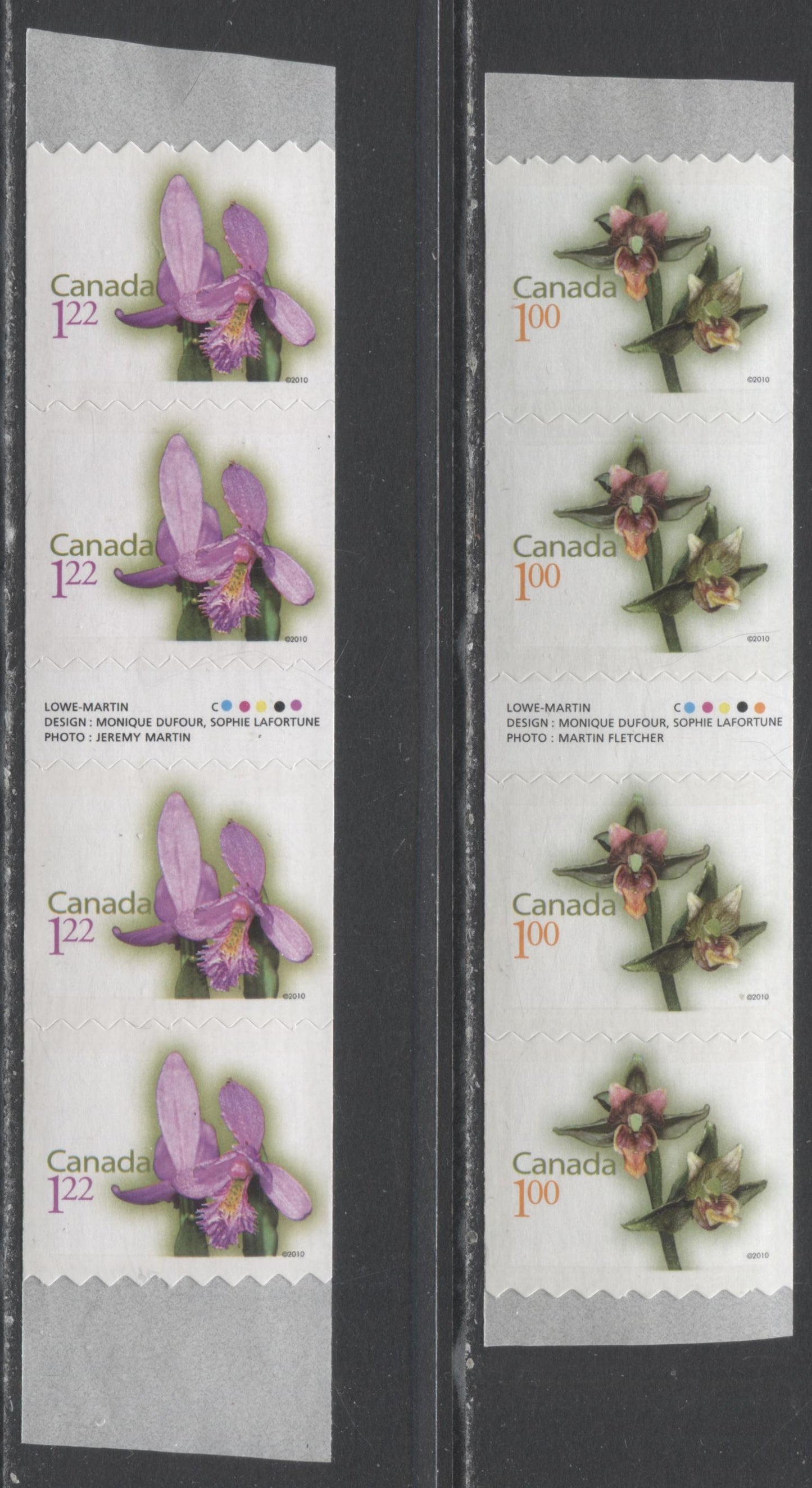 Lot 117 Canada #2358i-2359i $1-$1.22 Multicolored Giant Helleborine-Rose Pogonia, 2010 Flower Definitive Coils, 2 VFNH Gutter Strips Of 4